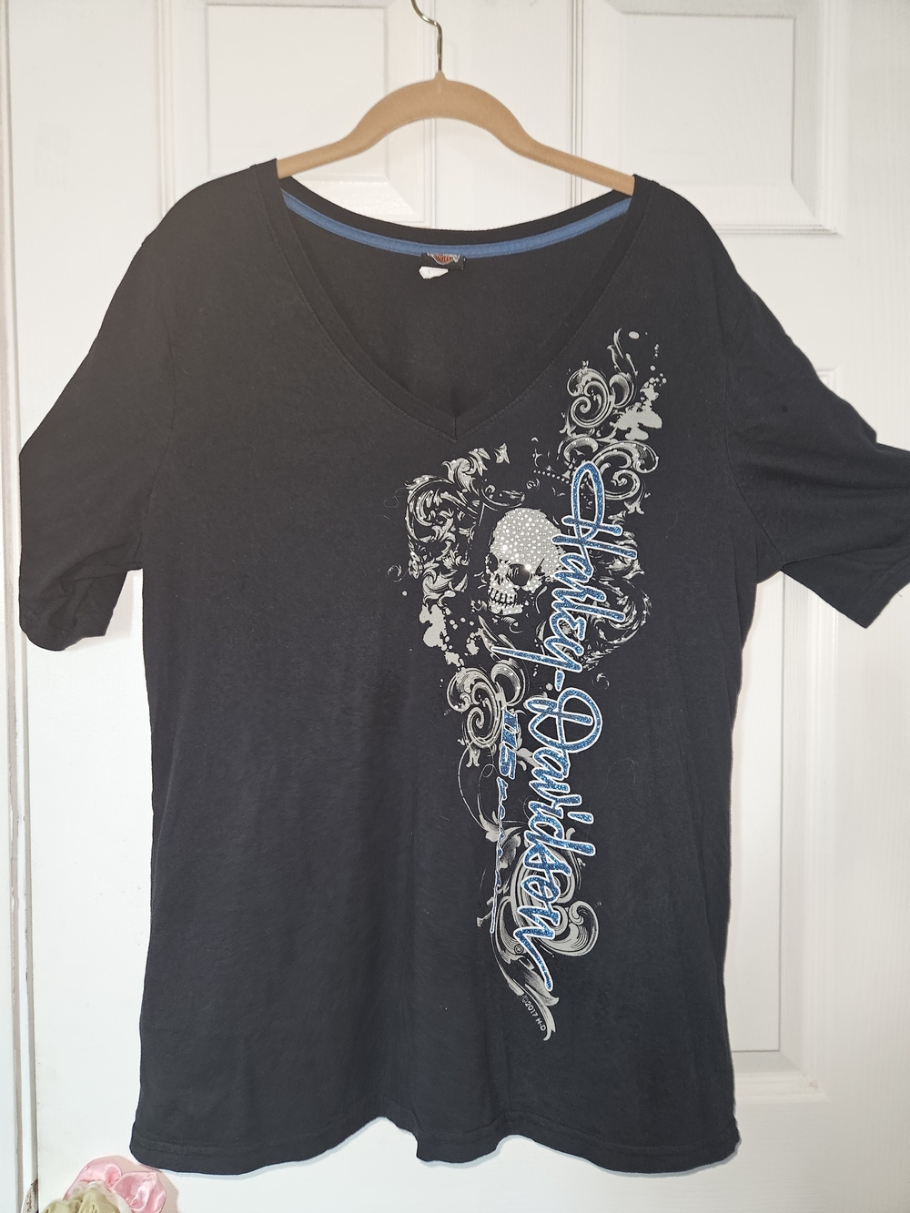 Harley-Davidson Black V-Neck Tee with Silver Skull and Blue Script